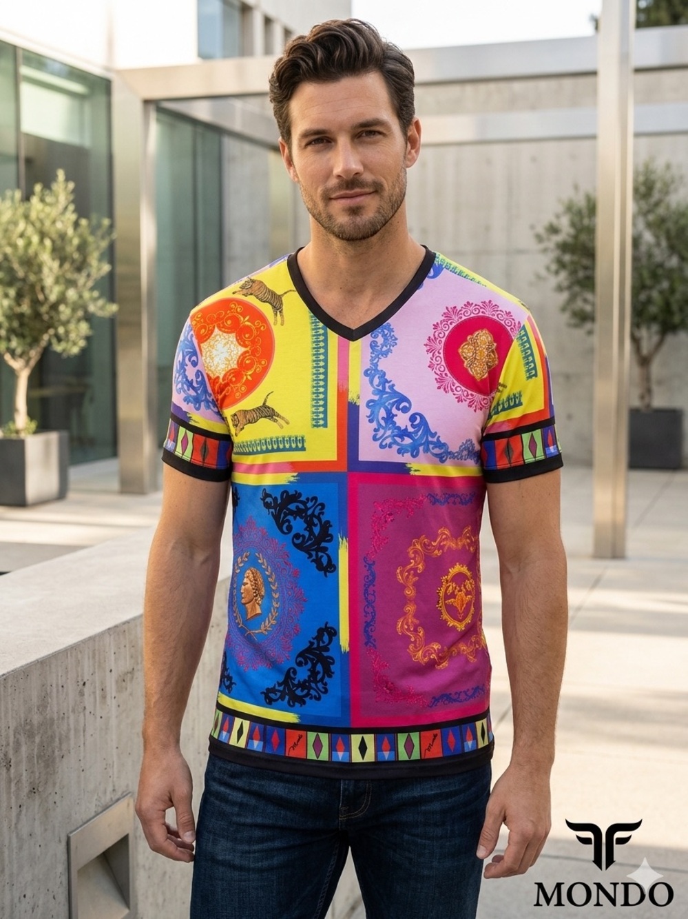 MONDO Baroque Tiger Print Multicolor Patchwork V-Neck Short Sleeve Shirt